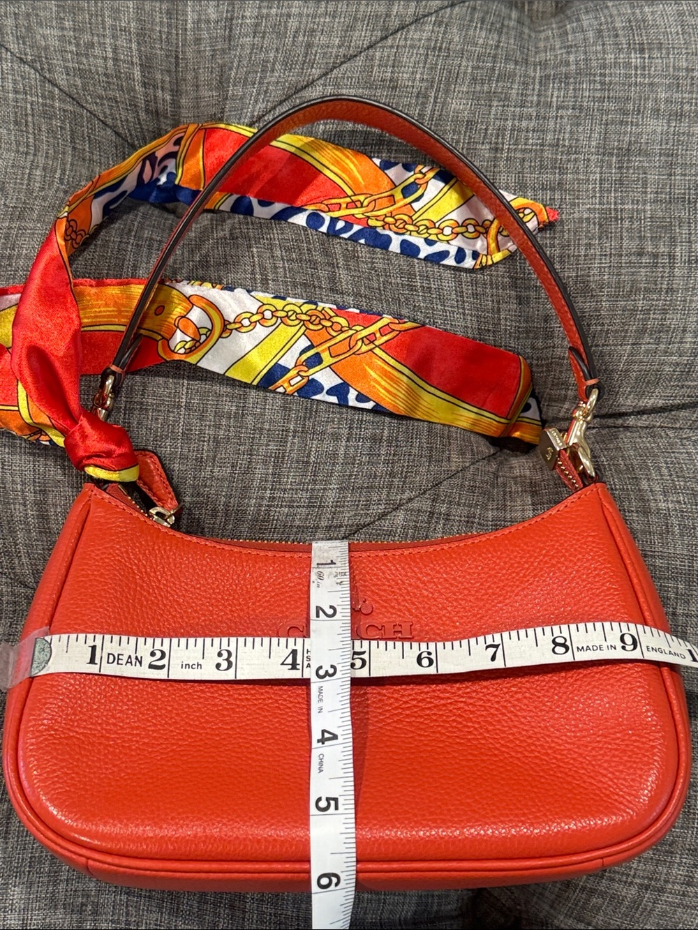 Coach Bag Teri Orange Pebbled Leather Small Shoulder Bag with Scarf Accent - Picture 17 of 17